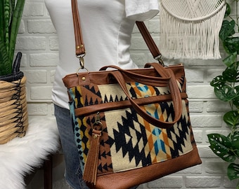 Wool leather tote, Rancho Arroyo brown wool, spice brown cowhide leather, tote bag, wool shoulder bag, leather crossbody tote bag