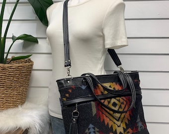 Wool leather tote, Pueblo Dwelling wool, black pebble grain leather, tote bag, wool shoulder bag, leather crossbody tote bag