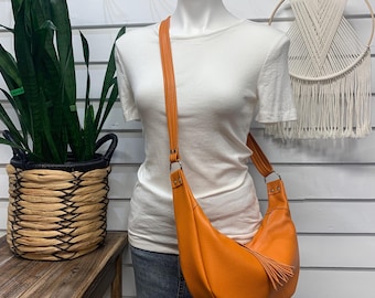 Orange leather half moon hobo bag, crossbody hobo bag, Pumpkin Italian pebble grain leather purse, leather crescent handbag