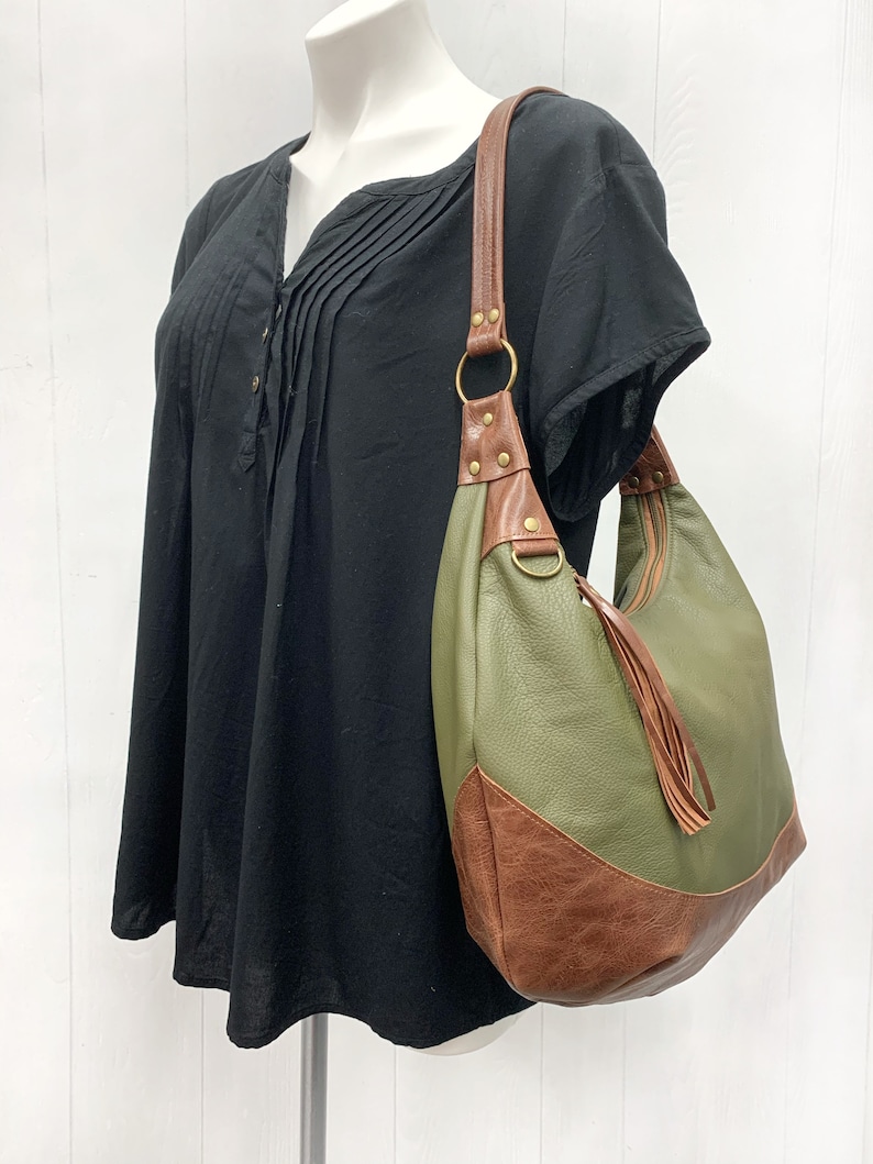 Olive leather hobo bag two tone olive green and distressed Etsy
