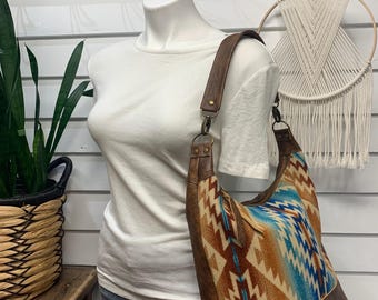 Wool and leather Bucket bag, Pagosa Springs wool print, saddle brown leather, southwest shoulder bag