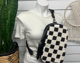 Leather sling checkered Mali mud cloth crossbody bag, black Italian pebble grain leather bag, crossbody sling, black white checker