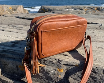 Spice brown Leather square crossbody bag, leather box shape bag, brown Italian pebble grain leather