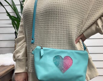 Leather crossbody bag, Oscha starry night Maui heart, aqua pebble grain leather, blue leather clutch crossbody, small crossbody clutch