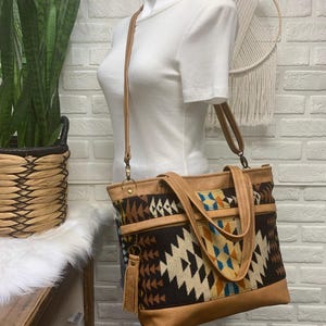 Wool leather tote, Rancho Arroyo black wool fabric, caramel leather, tote bag, wool shoulder bag, leather crossbody tote bag