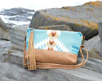 Wool and leather crossbody bag, caramel genuine leather, Rancho Arroyo aqua wool, southwest crossbody bag