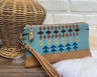 Leder und Wolle Clutch Handtasche, Rancho Arroyo Aqua Wolle, zweifarbiges Karamell Leder, Leder Clutch Geldbörse, Portland Wolle