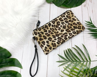 Leopard clutch leather wristlet, brown leopard canvas wristlet, black leather wristlet, leather clutch, clutch wallet, leopard print