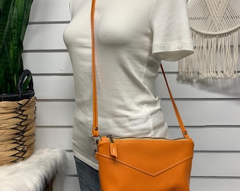 Pumpkin orange leather crossbody bag, Italian leather, small crossbody clutch, cowhide minimalist bag