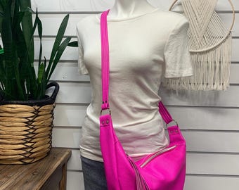 Hot Pink leather half moon hobo bag, crossbody hobo bag, Dream Pink Italian pebble grain leather purse, leather crescent handbag