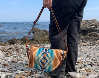 Wool and leather half moon hobo bag, Pagosa Springs wool saddle brown pebble grain leather crossbody, leather crescent handbag purse