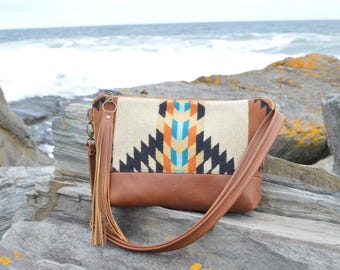 Wool and leather crossbody bag, spice brown genuine leather, Rancho Arroyo wool fabric, brown leather crossbody bag, southwest crossbody bag