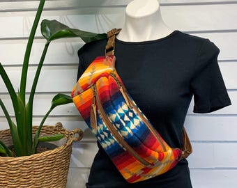 Crossbody Sling bag, wool and leather crossbody, Pilot Rock wool, saddle cowhide leather crossbody pack, leather sling bag