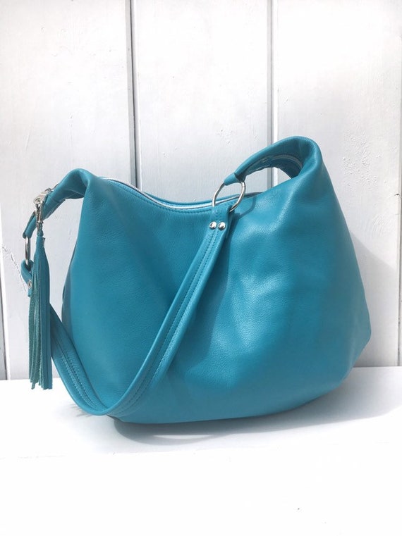 Leather hobo bag turquoise genuine leather large or small Etsy