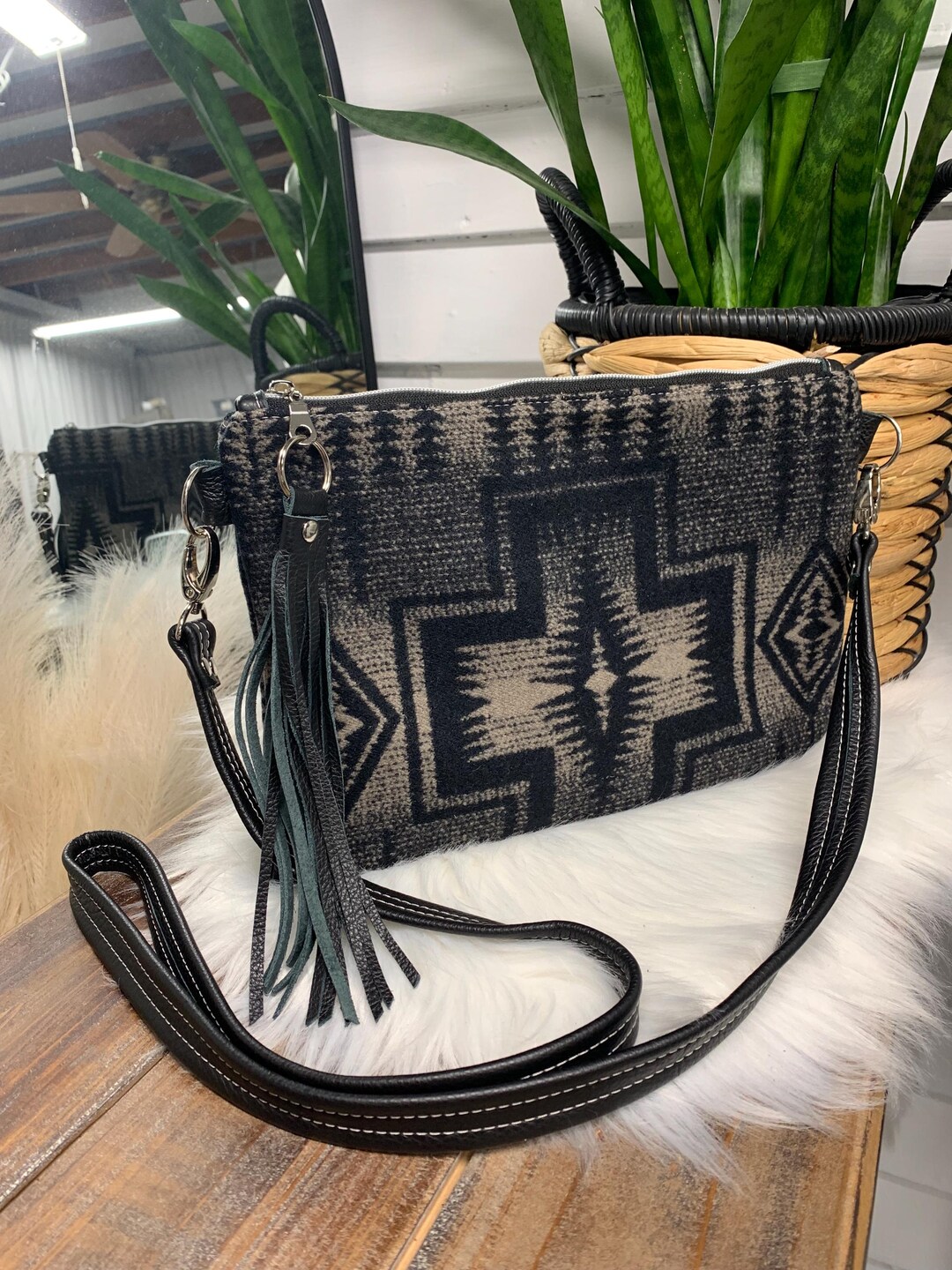 Harding Pattern Strap Wool and Leather Crossbody Bag, Harding Black Wool, Black Pebble Grain ...