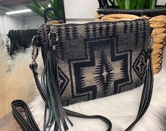 Wool and leather crossbody bag, Harding black wool, black pebble grain leather strap