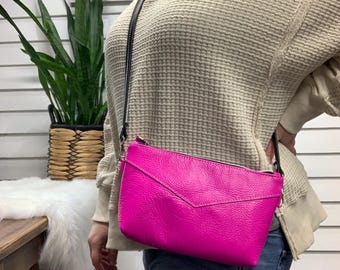 Hot Pink leather crossbody bag, pink Italian leather, fuchsia leather clutch crossbody, small crossbody clutch