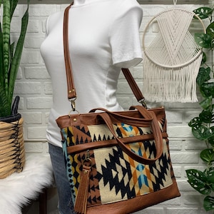 Wool leather tote, Rancho Arroyo wool fabric, brown genuine leather, tote bag, wool shoulder bag, leather crossbody tote bag