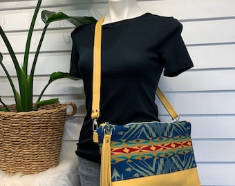 Wool and leather crossbody bag, yellow leather, Echo Peaks wool fabric, cowhide leather crossbody bag, southwest style