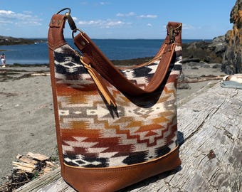 Wool and leather Bucket bag, Mesilla wool print, spice brown leather, southwest shoulder bag