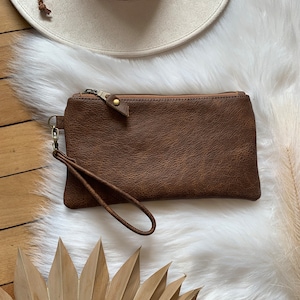 Cartera de mano de piel marrón Saddle, cartera de mano de piel marrón envejecida, cartera de mano con ranura para tarjetas, cartera de mano de piel auténtica marrón envejecida