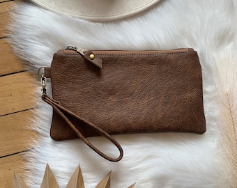 Saddle Brown leather clutch wristlet, distressed brown leather clutch, card slot clutch, distressed brown genuine leather wristlet