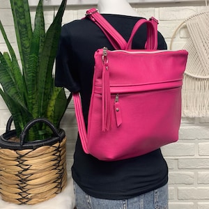 Pink leather backpack, Hot pink genuine leather, mini backpack, Pearl backpack, minimalist back pack, Maine made gifts