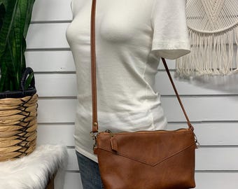 Spice brown leather crossbody bag, pebble grain leather, red brown small crossbody clutch