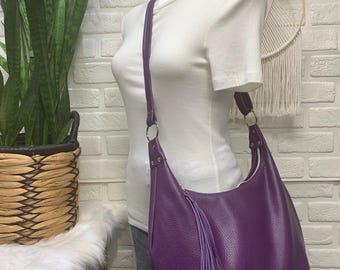 Purple leather hobo bag, crossbody large hobo bag,  leather purse, Italian pebble grain leather handbag, zippered hobo, handmade in maine