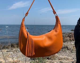 Orange leather small hobo bag, leather shoulder purse, Italian pebble grain leather handbag, zippered hobo, handmade in maine