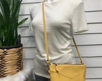 Yellow leather crossbody bag, Pebble grain leather, small crossbody clutch
