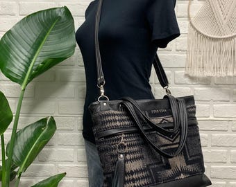 Wool leather tote, Harding black wool, black leather, tote bag, wool shoulder bag, leather crossbody tote bag, southwest western leather
