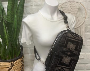 Leather sling Harding black Wool crossbody bag, black Italian pebble grain leather bag, crossbody sling, western backpack