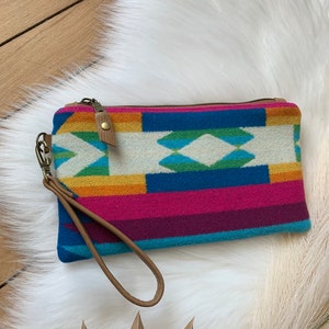 Wool and leather clutch wristlet, San Gabriel wool, Silver Metallic leather, leather clutch wallet, made in maine