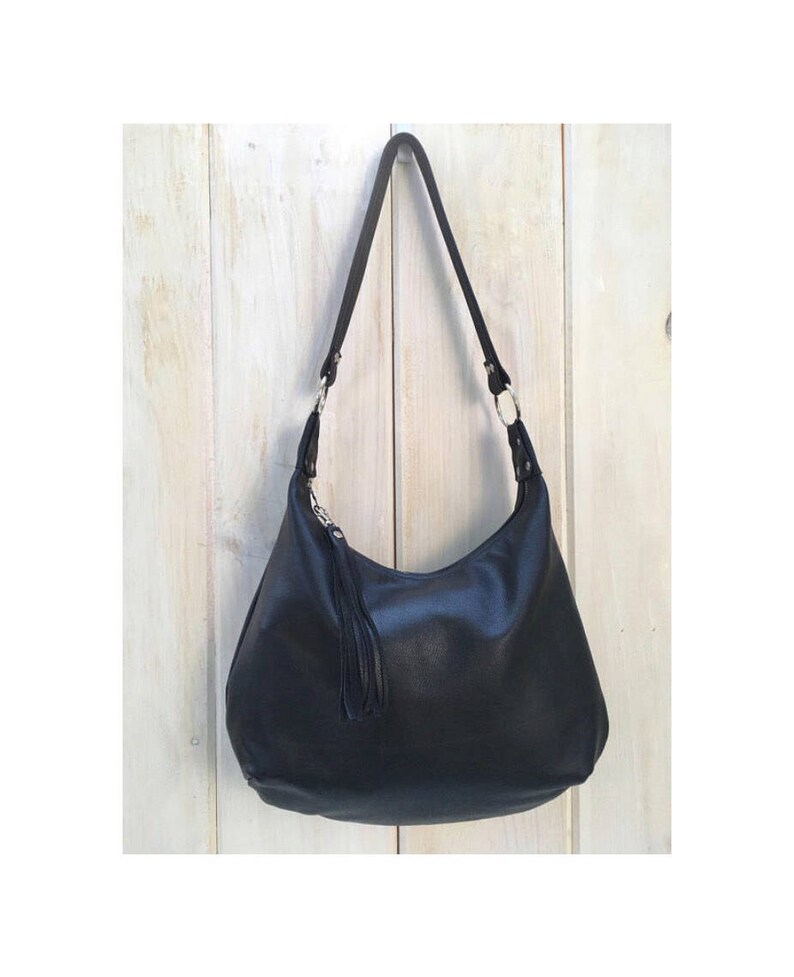 Black leather hobo bag small or large canvas lining zipper Etsy