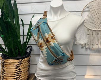 Crossbody Sling bag, wool and leather crossbody, Rancho arroyo aqua, leather sling bag, wool and leather bag