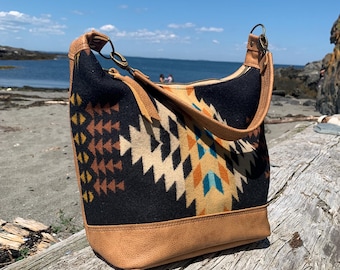 Wool and leather Bucket bag, Rancho Arroyo Black wool print, caramel brown leather, southwest shoulder bag