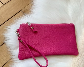 Pink Leather clutch wristlet, card slots clutch, genuine leather clutch, hot pink leather, Maine made, leather wristlet wallet