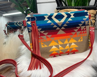 Wool and leather crossbody bag, Pilot Rock wool, red pebble grain leather strap