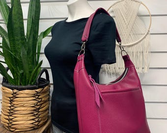 Italian leather bucket hobo bag, Berry purple pink wide shoulder strap bucket hobo bag, shoulder bag, Maine made