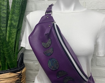 Crossbody Sling bag, purple Italian leather crossbody, Moon phase appliqué