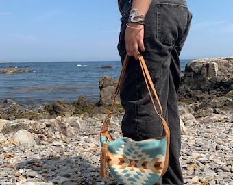 Wool and leather half moon hobo bag, Rancho Arroyo Aqua wool caramel brown pebble grain leather crossbody, leather crescent handbag purse
