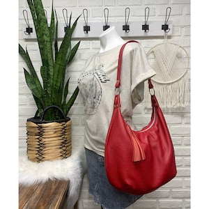 Red leather hobo bag, red large hobo bag,  leather purse, genuine leather handbag, zippered hobo, handmade in maine