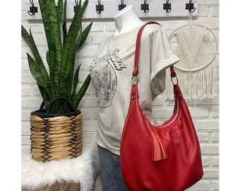 Red leather hobo bag, red large hobo bag,  leather purse, genuine leather handbag, zippered hobo, handmade in maine
