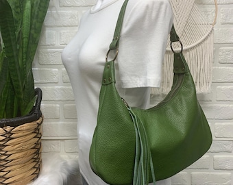 Olive green leather small hobo bag, leather shoulder purse, pebble grain leather handbag, zippered hobo, handmade in maine