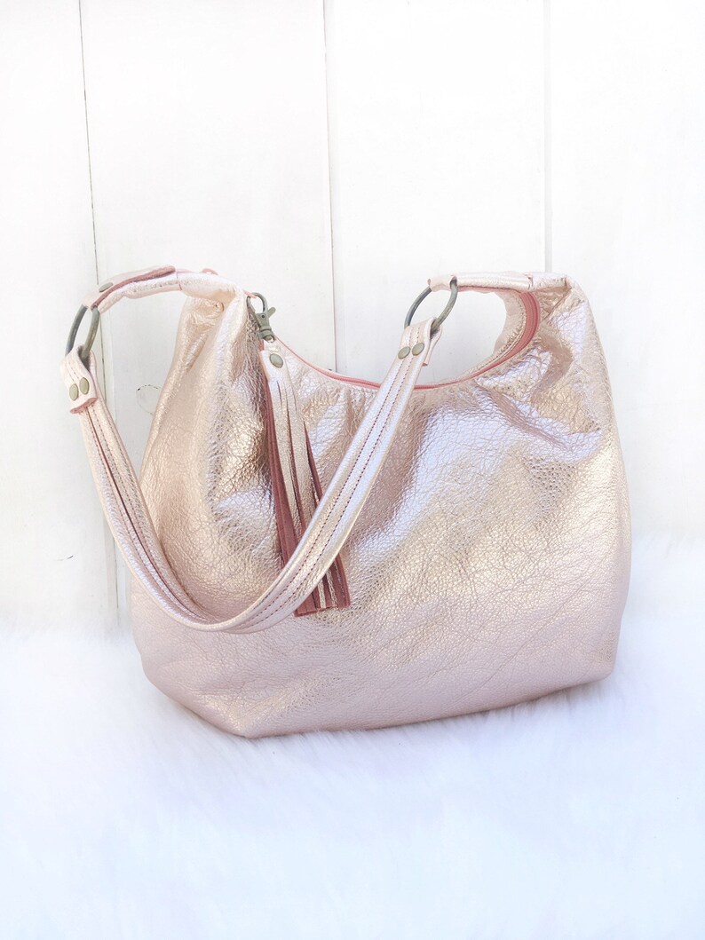 Rose Gold Leather Hobo Bag Smaller Size Metallic Leather Etsy