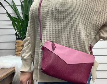 Mauve Berry leather crossbody bag, Italian leather, small crossbody clutch, pink violet purple two toned leather