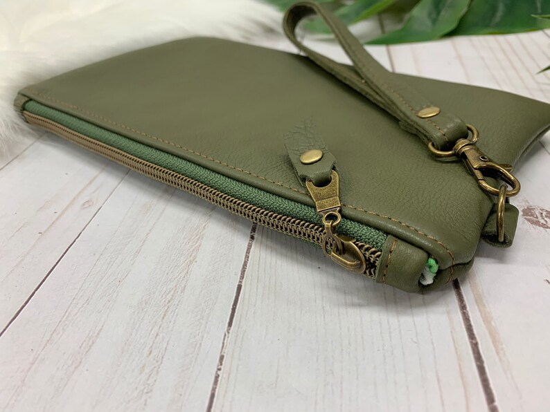 Olive Green Leather Wallet Clutch Wristlet Card Slots Olive Etsy