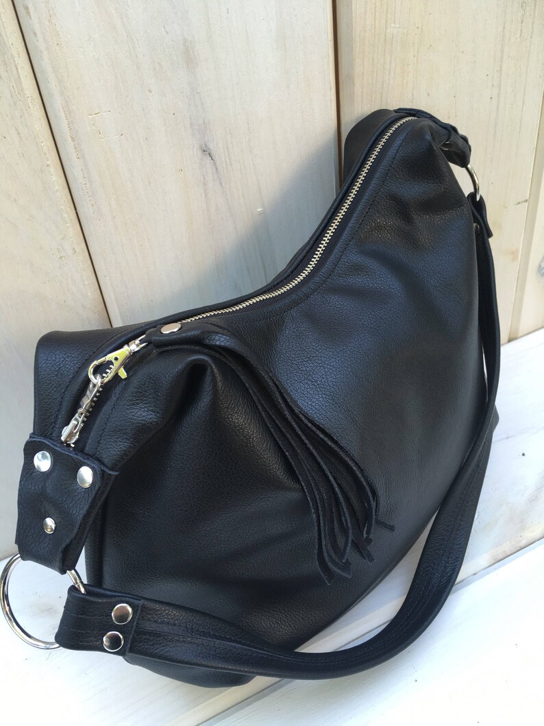 Black leather hobo bag small or large canvas lining zipper Etsy