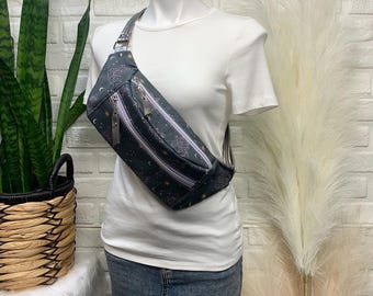 Crossbody Sling bag, gemstone crystal canvas, Metallic gray leather crossbody, leather sling bag